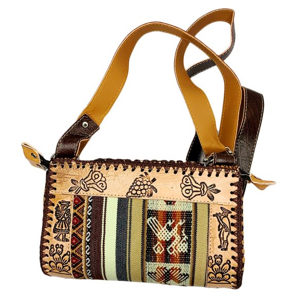 NEW PERU CUSCO WOMEN'S TEXTILE FABRIC EMBOSSED LEATHER BOHO PURSE CROSSBODY BAG - Picture 2 of 3